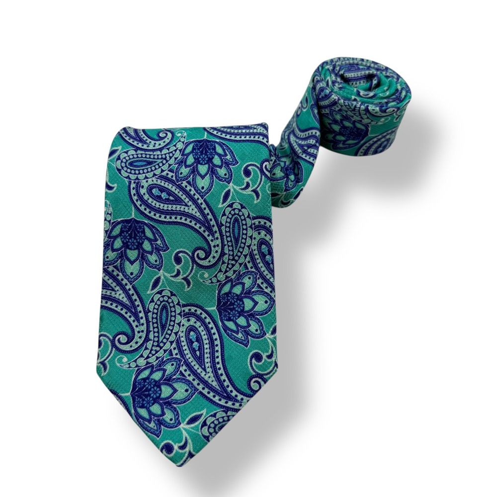 BONOBOS Mens Teal Blue Paisley Silk Tie Handmade in USA 3in Width 59in Length
